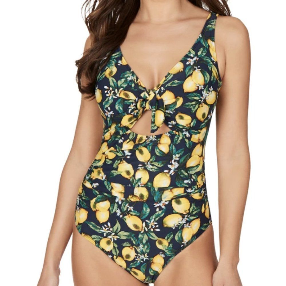 Nip Tuck Lemons Navy Underwire Tie Front Design Tummy Control One Piece Size 6